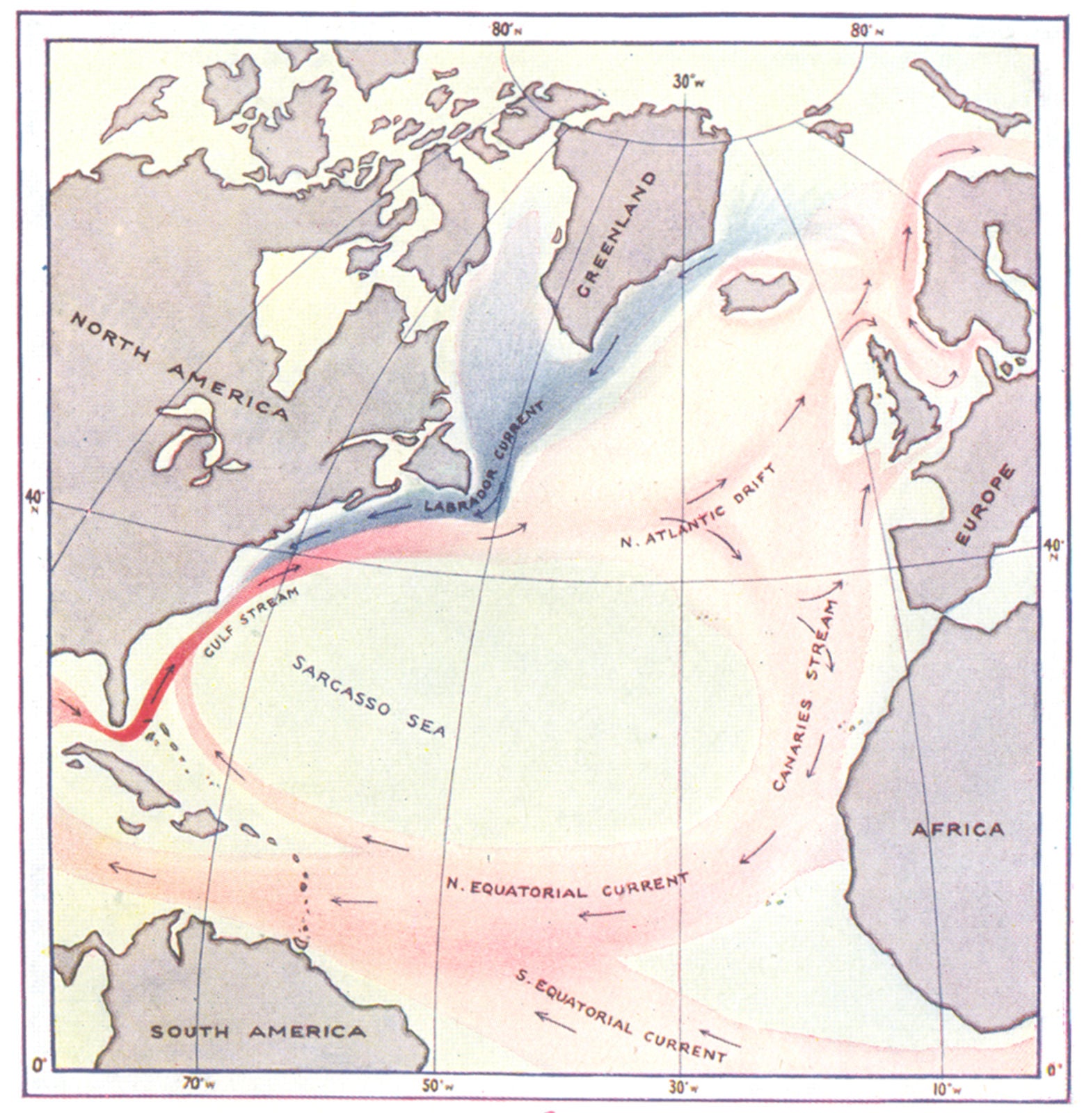 ATLANTIC. Surface Currents in North. Red, warm. Blue, cold 1936 map